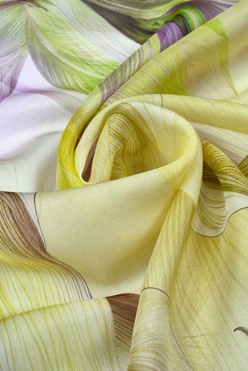 MuÅlin jedwabny kwiaty limonka z fioletem